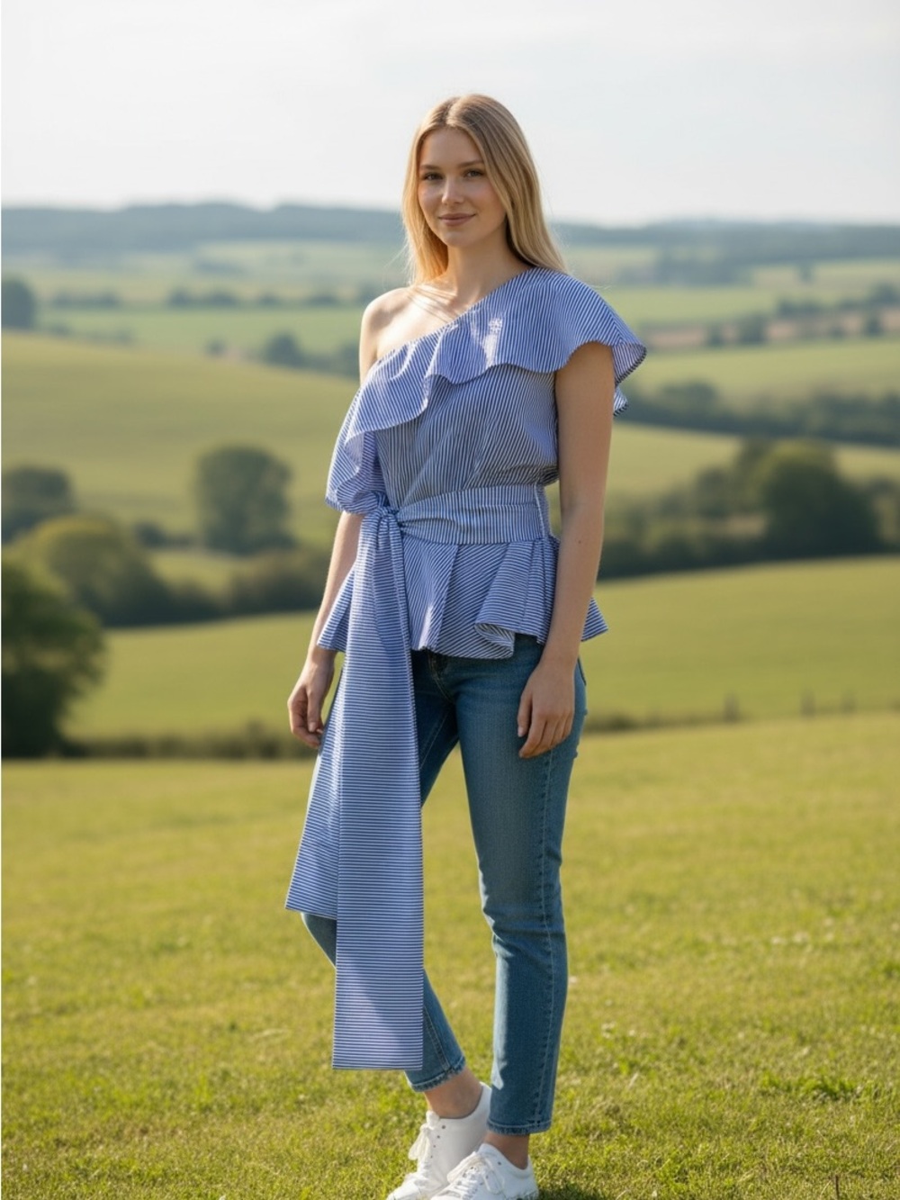 One-Shoulder Blue Stripe Peplum Top with Sash